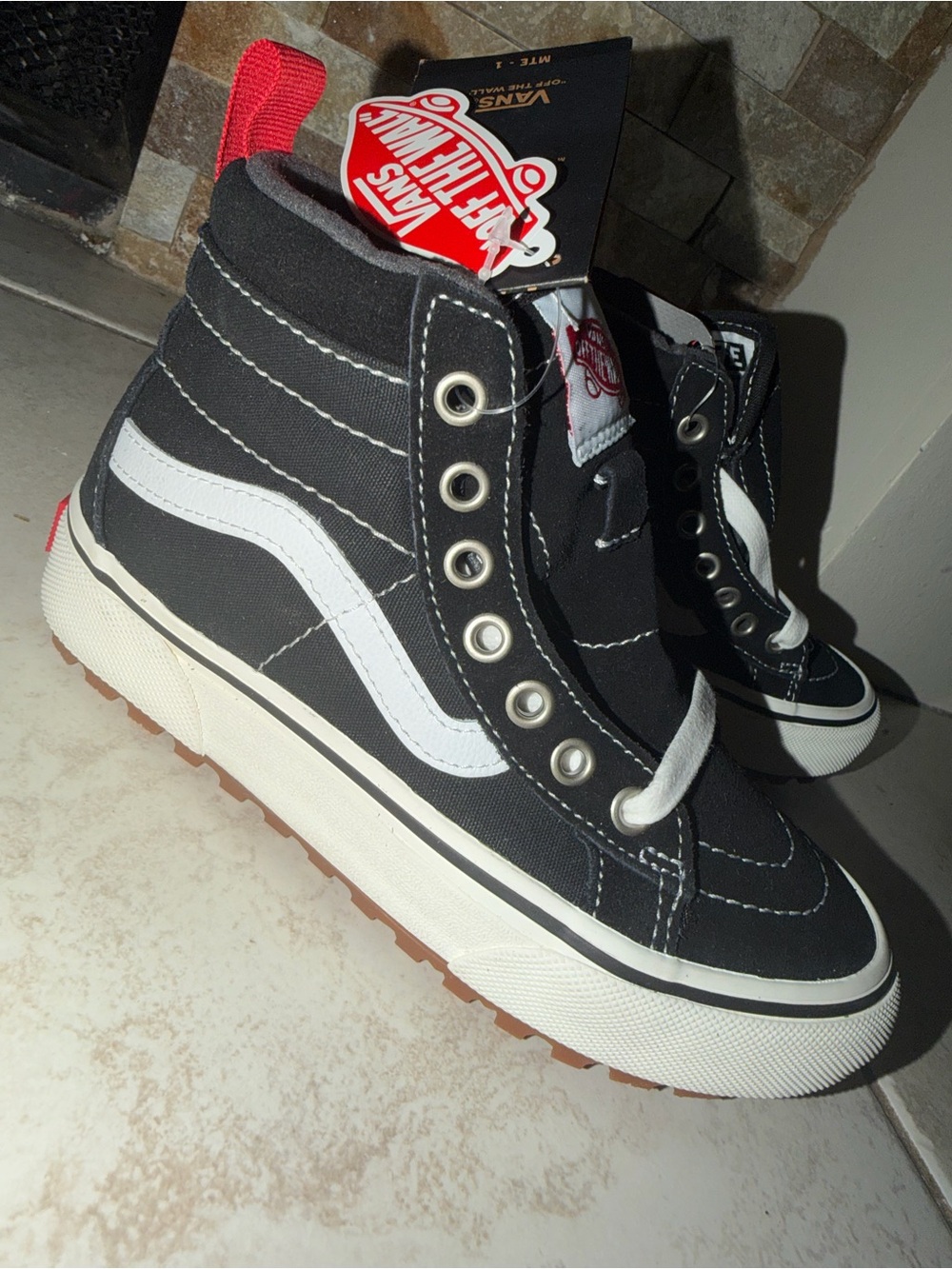 Vans Kids Black High-Top Sneakers with White Side Stripe and Red Heel Tab
